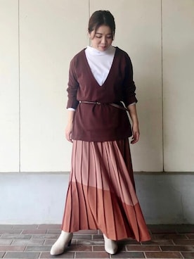 「アイテム（スカート、オレンジ系）」を使った、akoさん（レディース・156cm）の秋コーディネート