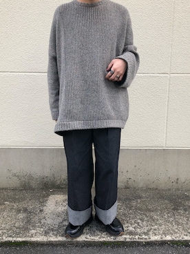 「JOHN LAWRENCE SULLIVAN（ジョンローレンスサリバン）のRIGID DENIM WIDE PANTS（デニムパンツ）」を使った、Yuichiさん（メンズ・171cm）の秋コーディネート