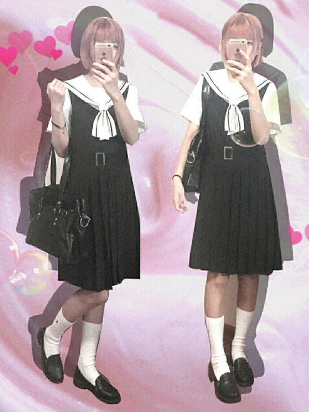 「jk制服、black、pink」｜「米豆秀秀のアイテム（その他トップス、ホワイト系）」を使った、Kukiさん（レディース・165cm）の夏コーディネートの1枚目の写真