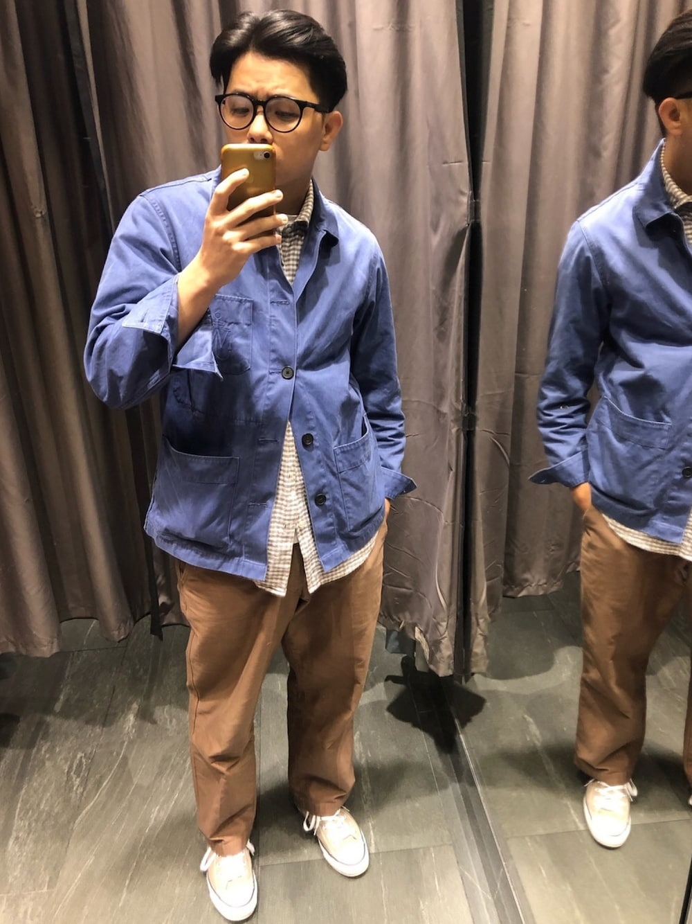 「UNIQLOのアイテム（デニムジャケット、ブルー系）」を使った、wuncingさん（メンズ・170cm）の春コーディネートの1枚目の写真