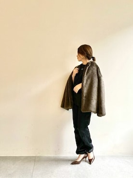 「サテンパンツ」｜「アイテム（ノーカラーコート）」を使った、wg_sato(Whim Gazette AOYAMA)さん（レディース・156cm）の冬コーディネート