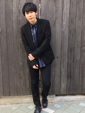 「GGD（ジージーディー）のアイテム（ノーカラージャケット）」を使った、足立大希さん（メンズ・164cm）の春コーディネート