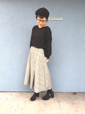 「グレンチェック」｜「アイテム（ハンチング/ベレー帽）」を使った、NANAさん（レディース・157cm）の秋コーディネート
