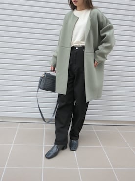 「ストレートパンツ」｜「アイテム（ノーカラーコート）」を使った、あかねさん（レディース・164cm）の冬コーディネート