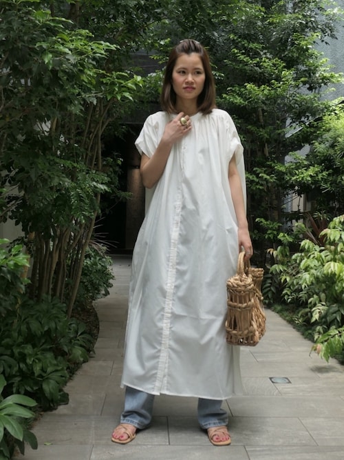 Gauze# ガーゼ　ノースリーブ ギャザーシャツワンピース　コットンボイル ガーゼ Gauze# コットンノースリーブギャザー前開きワンピース F