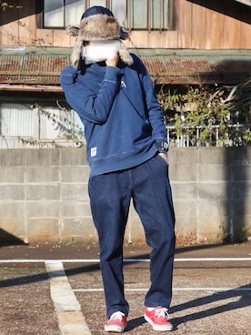 「Alpha Industries（アルファインダストリーズ）のアイテム（帽子）」を使った、やっちさん（メンズ・169cm）の秋コーディネート