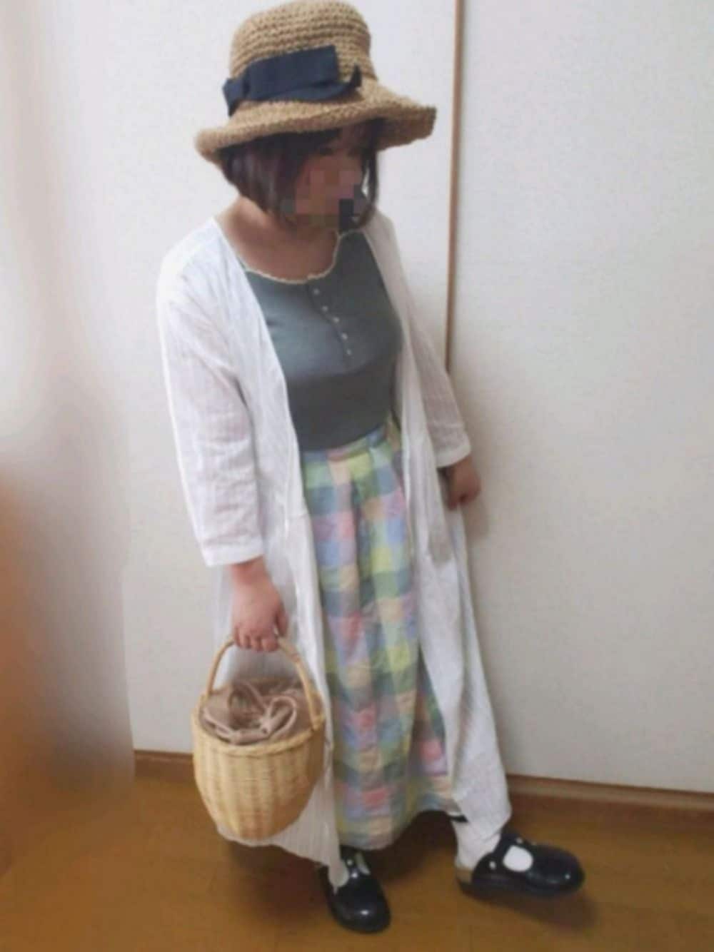 「夏、ラクチンコーデ、にゃー、かごバッグ、ぽっちゃり、GU、ガウンカーディガン、アラフォー、プードゥドゥ、低身長」｜「AMERICAN HOLICのコットンペーパーハット（ハット、ベージュ系）」を使った、ゆんさん（レディース・154cm）の夏コーディネートの1枚目の写真