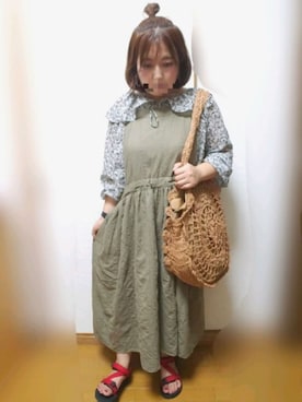 「Samansa Mos2（サマンサ モスモス）のオーバーレースエプロンワンピース（ワンピース）」を使った、ゆんさん（レディース・154cm）の夏コーディネート