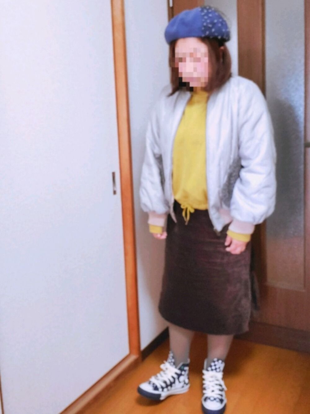 「おしゃれさんと繋がりたい、低身長、MA-1、プードゥドゥ、冬、ベレー帽、ブルー×イエロー、ドット」｜「kaorinomoriのアイテム（ハンチング/ベレー帽、ブルー系）」を使った、ゆんさん（レディース・154cm）の冬コーディネートの1枚目の写真