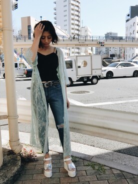 「EVRIS（エヴリス）のダメージスラッシュスキニーデニムパンツ（デニムパンツ）」を使った、HANAEさん（レディース・158cm）の春コーディネート