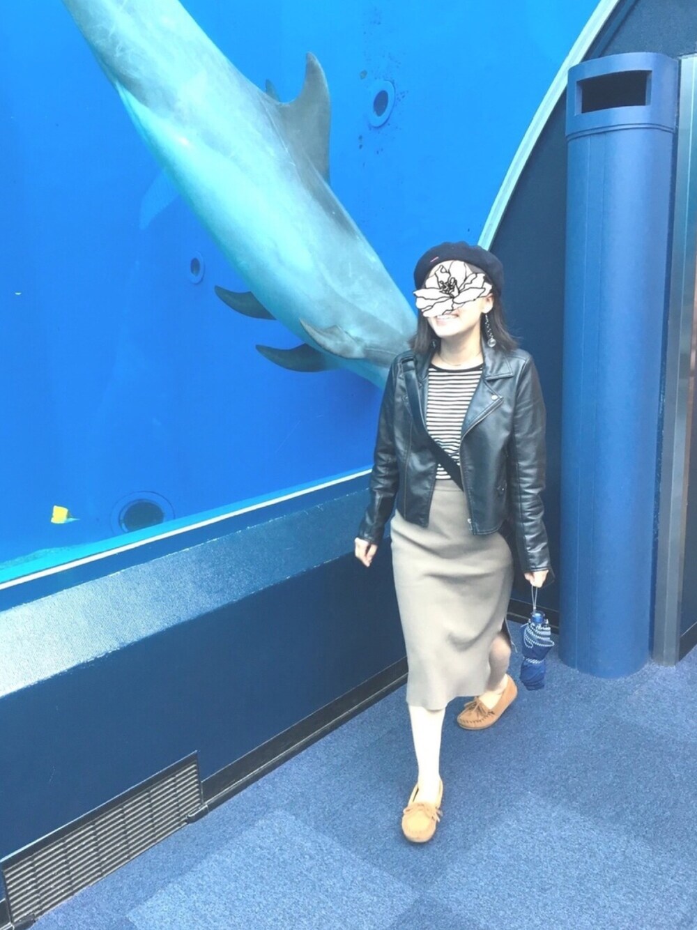 「大人カジュアル、ライダースジャケット、ボーダートップス、リブニットスカート、ミネトンカモカシン、ローリーズファーム(LOWRYS FARM)、TOPSHOP、KBF」｜「LOWRYS FARMのＦレザーライダース　745047 （ライダースジャケット、ブラック系）」を使った、chanizuu＊さん（レディース・153cm）の冬コーディネートの1枚目の写真