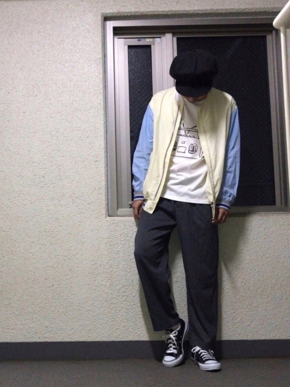 「秋のコーデ、digawel、override 、Paul Smith、converse、FREAK’Ｓ STORE、スラックス、いいね、save、フォローお願いします🤑、フォローミー、おしゃれさんと繋がりたい」｜「OVERRIDEのアイテム（キャスケット、ブラック系）」を使った、ポチ@BASE出品中‼️さん（メンズ・171cm）の秋コーディネートの1枚目の写真