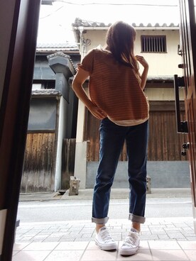 「Honeys（ハニーズ）のデニムテーパードパンツ（デニムパンツ）」を使った、atsukonokoさん（レディース・156cm）の夏コーディネート