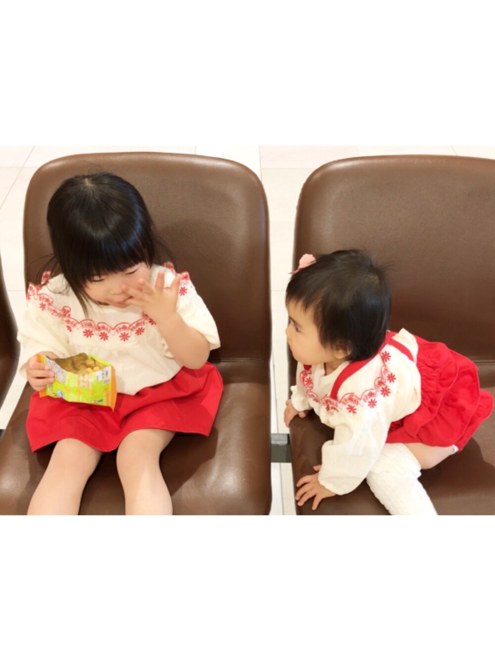 「姉妹コーデ、リンクコーデ、お揃い、春コーデ、1歳、70cm、サロペット、ベビーコーデ」｜「Moujonjonのアイテム（ワンピース、レッド系）」を使った、ふーさん（キッズ・70cm）の春コーディネートの1枚目の写真