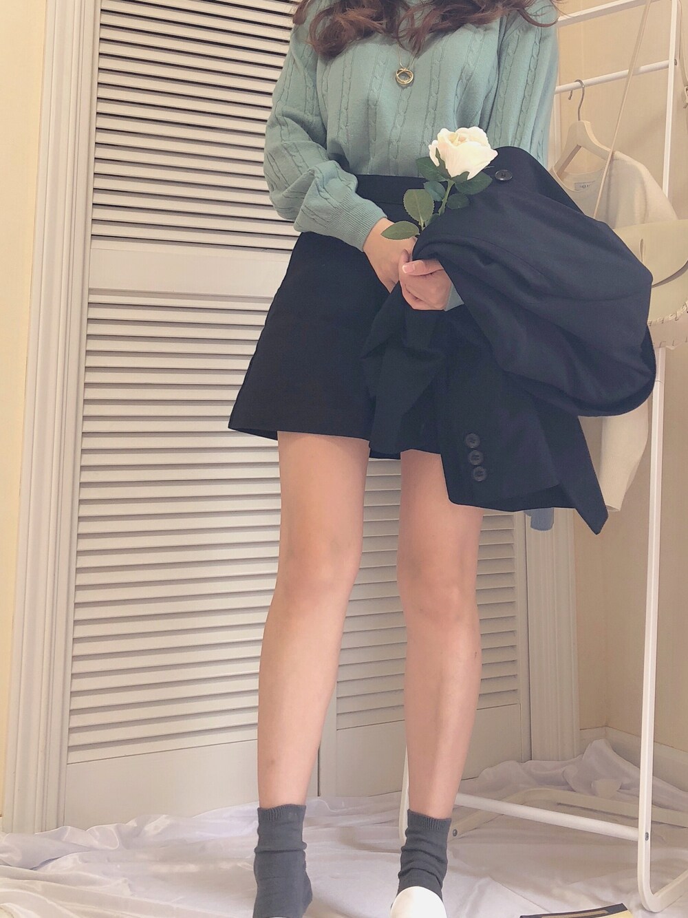 「秋服、ケーブルニット、ミントグリーン、韓国ファッション、韓国ブランド、カシミア、カシミアニット、今日のコーデ」｜「LUMOIのアイテム（ニット/セーター、グリーン系）」を使った、momocoさん（レディース・151cm）の秋コーディネートの1枚目の写真
