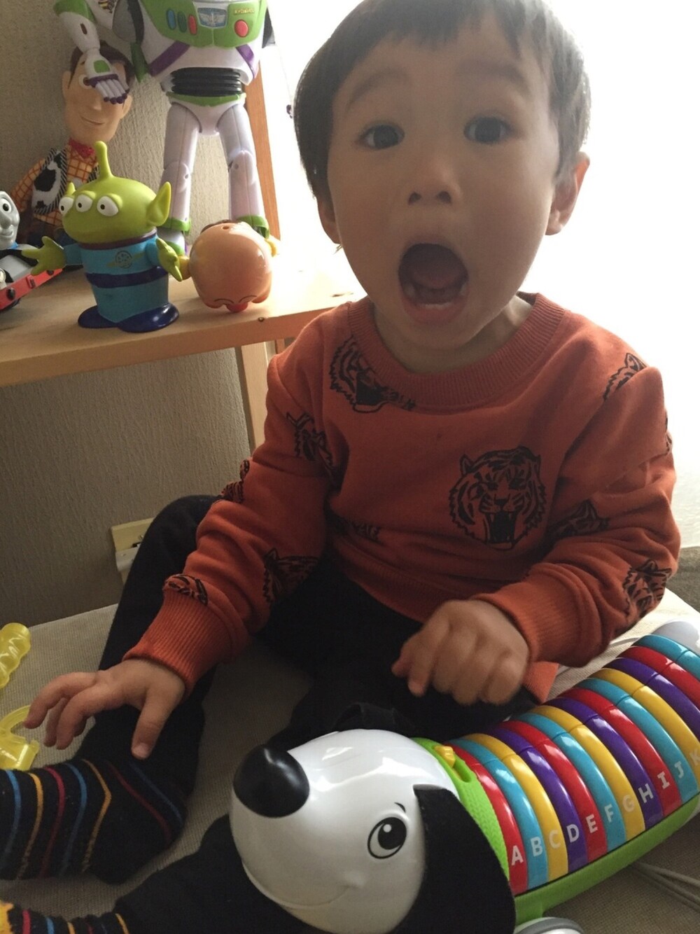 「2歳、男の子、boy、シンプル、カジュアル、H&M、UNIQLO、タイガー」｜「H&Mのアイテム（ニット/セーター、ブラウン系）」を使った、R☺︎さん（キッズ・80cm）の秋コーディネートの1枚目の写真