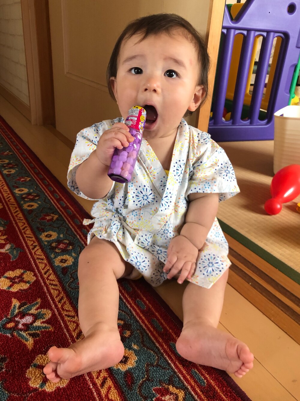 「夏コーデ、甚平、80センチ」｜「赤ちゃん本舗のアイテム（オールインワン・サロペット、ホワイト系）」を使った、R☺︎さん（キッズ・92cm）の夏コーディネートの1枚目の写真