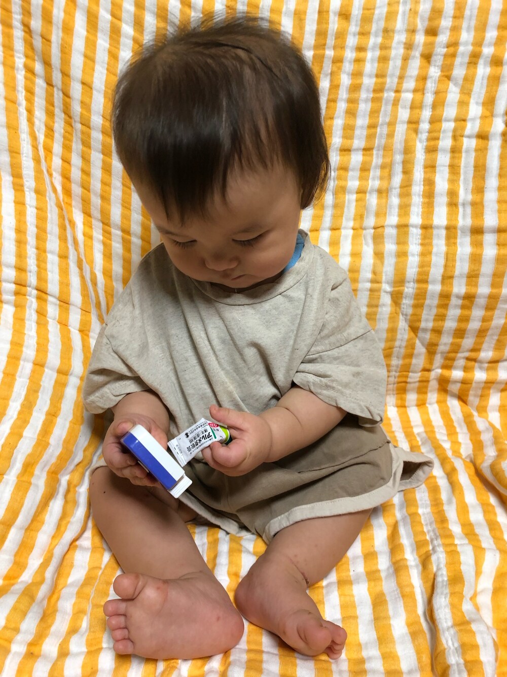 「夏コーデ、シンプルコーデ、カジュアルコーデ、韓国子供服」｜「韓国のアイテム（Tシャツ/カットソー、ベージュ系）」を使った、R☺︎さん（キッズ・92cm）の夏コーディネートの1枚目の写真