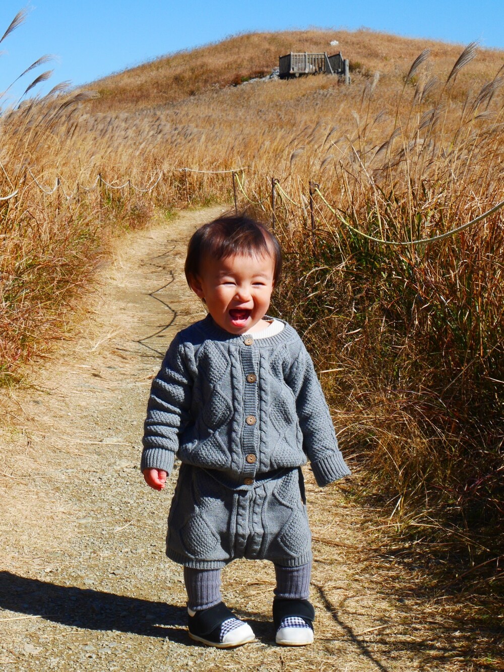 「1歳、男の子、ススキ、韓国子供服」｜「韓国子供服のアイテム（オールインワン・サロペット、グレー系）」を使った、R☺︎さん（キッズ・100cm）の冬コーディネートの1枚目の写真