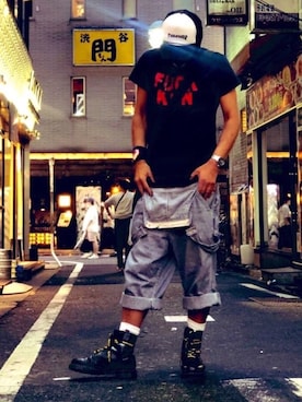 「Dr. Martens（ドクターマーチン）のDr.ﾏｰﾁﾝ　1460　8ホール（ブーツ）」を使った、妖怪人間チバヤングさん（メンズ・178cm）の夏コーディネート