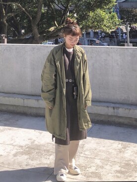 「plain-me（プレインミー）のアイテム（ミリタリージャケット）」を使った、pengさん（レディース・159cm）の冬コーディネート