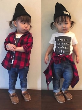 「アイテム（モカシン/デッキシューズ）」を使った、♥︎Ena◡̈♥︎さん（キッズ・80cm）の秋コーディネート