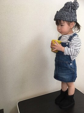 「サロペットスカート」｜「アイテム（ニットキャップ/ビーニー）」を使った、♥︎Ena◡̈♥︎さん（キッズ・90cm）の秋コーディネート