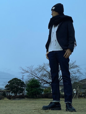 「goa（ゴア）のアイテム（帽子）」を使った、JUNKAPPLEさん（メンズ・169cm）の冬コーディネート