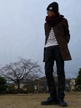 「goa（ゴア）のアイテム（帽子）」を使った、JUNKAPPLEさん（メンズ・169cm）の冬コーディネート