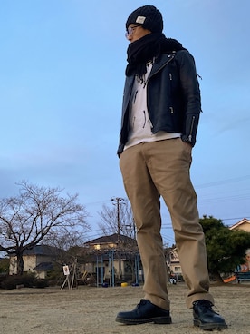 「goa（ゴア）のアイテム（帽子）」を使った、JUNKAPPLEさん（メンズ・169cm）の冬コーディネート