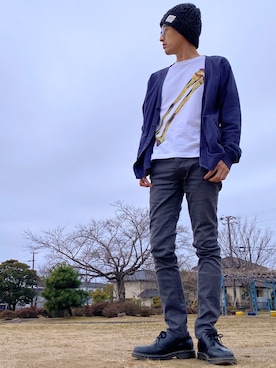 「goa（ゴア）のアイテム（帽子）」を使った、JUNKAPPLEさん（メンズ・169cm）の冬コーディネート