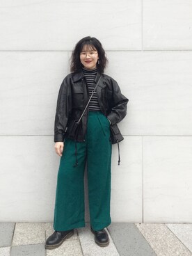 「アイテム（ライダースジャケット）」を使った、阿馮さん（レディース・158cm・20代）の冬コーディネート