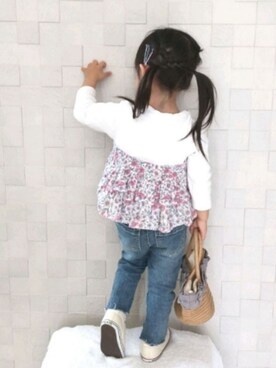 「petit main（プティマイン）のアイテム（かごバッグ）」を使った、ななdream☆さん（キッズ・90cm）の春コーディネート