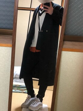 「EMMA CLOTHES（エマクローズ）のオーバーサイズビーバーメルトンVネックロングコート（ノーカラーコート）」を使った、わさを。さん（メンズ・166cm）の秋コーディネート