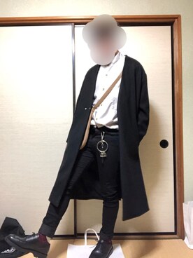 「EMMA CLOTHES（エマクローズ）のオーバーサイズビーバーメルトンVネックロングコート（ノーカラーコート）」を使った、わさを。さん（メンズ・166cm）の冬コーディネート