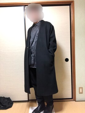 「EMMA CLOTHES（エマクローズ）のオーバーサイズビーバーメルトンVネックロングコート（ノーカラーコート）」を使った、わさを。さん（メンズ・166cm）の冬コーディネート