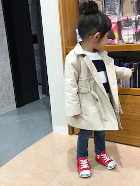 「ボーダーニット」｜「アイテム（トレンチコート）」を使った、saku_chanさん（キッズ・90cm）の秋コーディネート