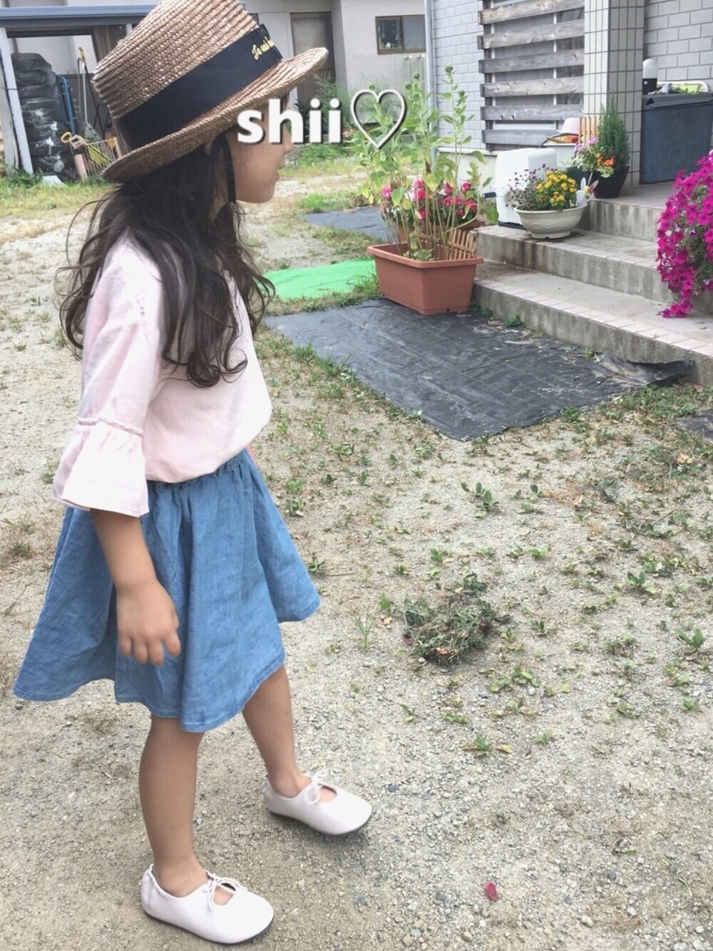「夏コーデ、女の子、キッズファッション、スカート、カンカン帽、5歳、プチプラ」｜「BRANSHESのグログラン麦わらカンカンハット（ハット、ブラウン系）」を使った、しー♡なー♡はー♡さん（キッズ・110cm）の夏コーディネートの1枚目の写真