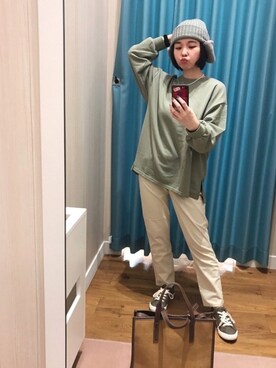 「DRESKIP（ドレスキップ）のアイテム（ニットキャップ/ビーニー）」を使った、ぴのこさん（レディース・152cm）の秋コーディネート