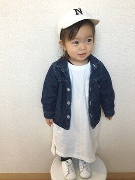 「niko and...（ニコアンド）のアイテム（シャツワンピース）」を使った、swhrkさん（キッズ・80cm）の春コーディネート