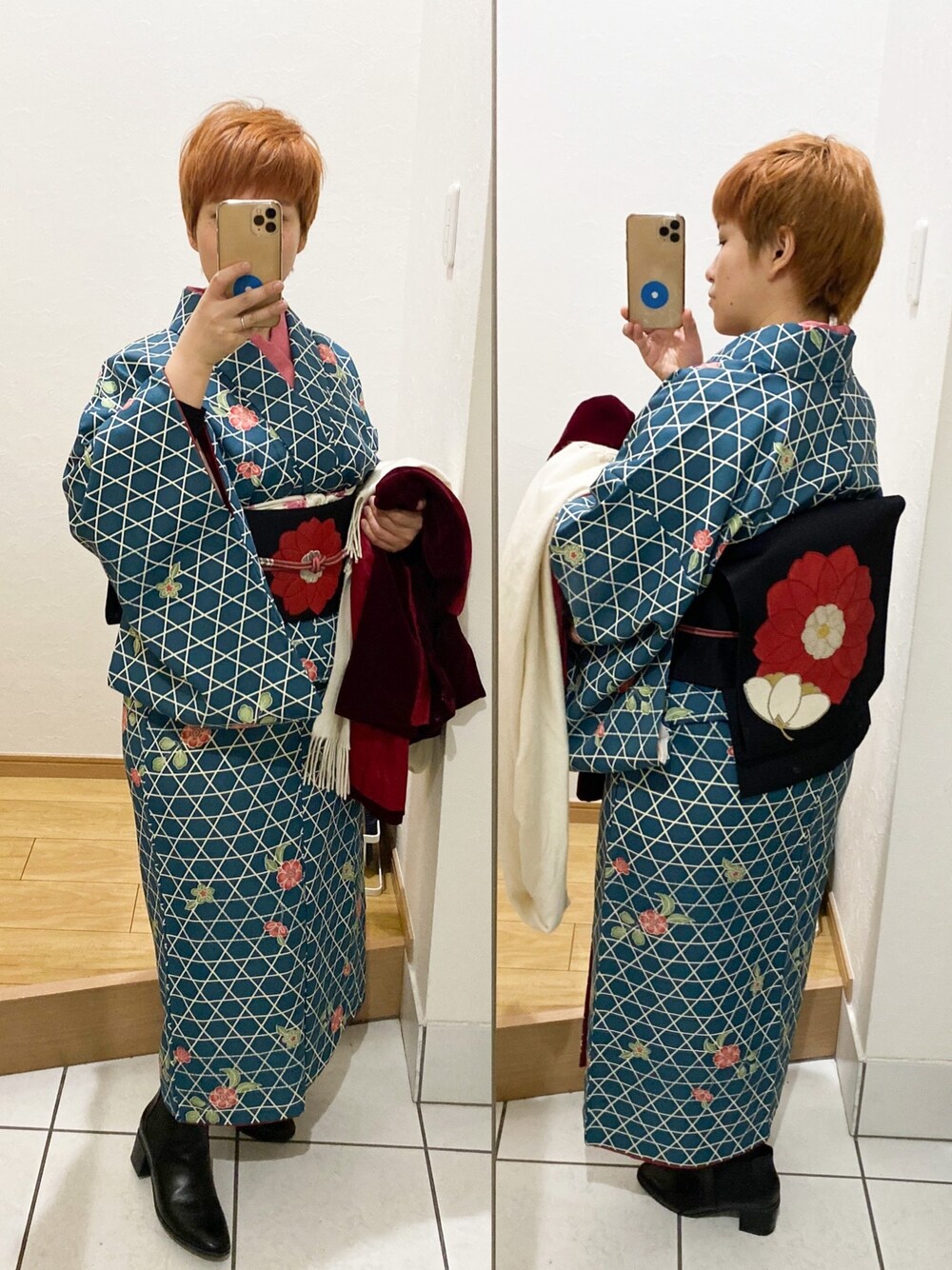 「着物、和装、洋装ミックス、和洋ミックス、和洋折衷、冬、冬コーデ」｜「洗える着物のアイテム（その他、グリーン系）」を使った、yukoさん（レディース・149cm）の冬コーディネートの1枚目の写真