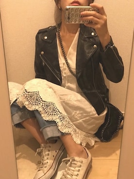 「TODAYFUL（トゥデイフル）のアイテム（ライダースジャケット）」を使った、aym929さん（レディース・159cm）の秋コーディネート