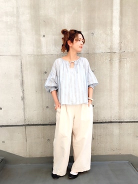 「Dot＆Stripes CHILD WOMAN（ドットアンドストライプス　チャイルドウーマン）の綿ｼﾙｸｽﾄﾗｲﾌﾟ  5分袖ブラウス（シャツ/ブラウス、ブルー系）」を使った、yumaさん（レディース・161cm）の春コーディネート