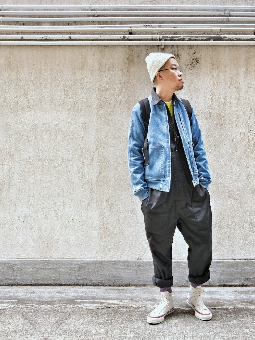 「mykita、THE NORTH FACE PURPLE LABEL、MUJI Labo、converse、hkboy、ootd、coordinate、streetstyle、Hong Kong、fall」｜「MYKITAのアイテム（メガネ、ブラック系）」を使った、Paak Chanさん（メンズ・172cm）の冬コーディネートの1枚目の写真