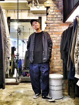 「PLEATS PLEASE（プリーツプリーズ）のアイテム（帽子）」を使った、Paak Chanさん（メンズ・172cm）の冬コーディネート