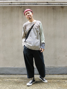 「YMC（ワイエムシー）のアイテム（トップス）」を使った、Paak Chanさん（メンズ・172cm）の春コーディネート