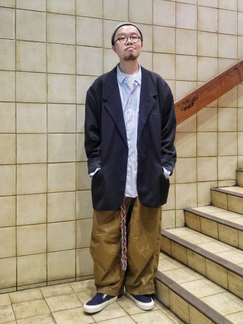 「H&M、mykita、Maison Martin Margiela、MONKEY TIME、NEEDLES、VANS VAULT、ootd、winter、今日のコーデ、冬」｜「Maison Martin Margiela for H&Mのアイテム（テーラードジャケット、ブルー系）」を使った、Paak Chanさん（メンズ・172cm）の冬コーディネートの1枚目の写真