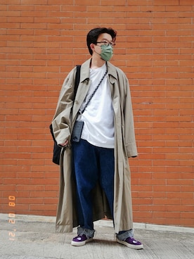 「ISSEY MIYAKE（イッセイミヤケ）のアイテム（トレンチコート）」を使った、Paak Chanさん（メンズ・172cm）の冬コーディネート