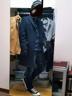 「COMME CA ISM（コムサイズム）のアイテム（チェスターコート）」を使った、ダイテンさん（メンズ・173cm）の秋コーディネート