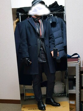 「COMME CA ISM（コムサイズム）のアイテム（チェスターコート）」を使った、ダイテンさん（メンズ・173cm）の冬コーディネート